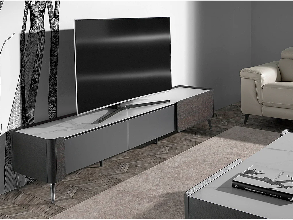 Meuble TV rectangle porcelaine marbré et bois de wengé Wendy