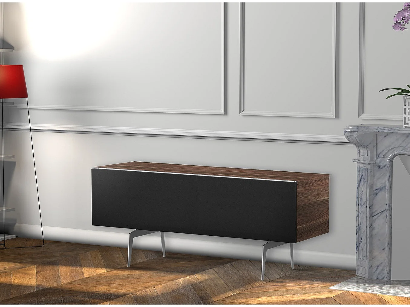 Meuble TV tissu acoustique et bois foncé pied métal Darwin 120cm