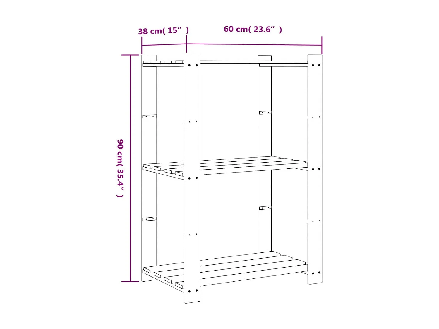 Support de rangement à 3 niveaux noir 60x38x90 bois pin