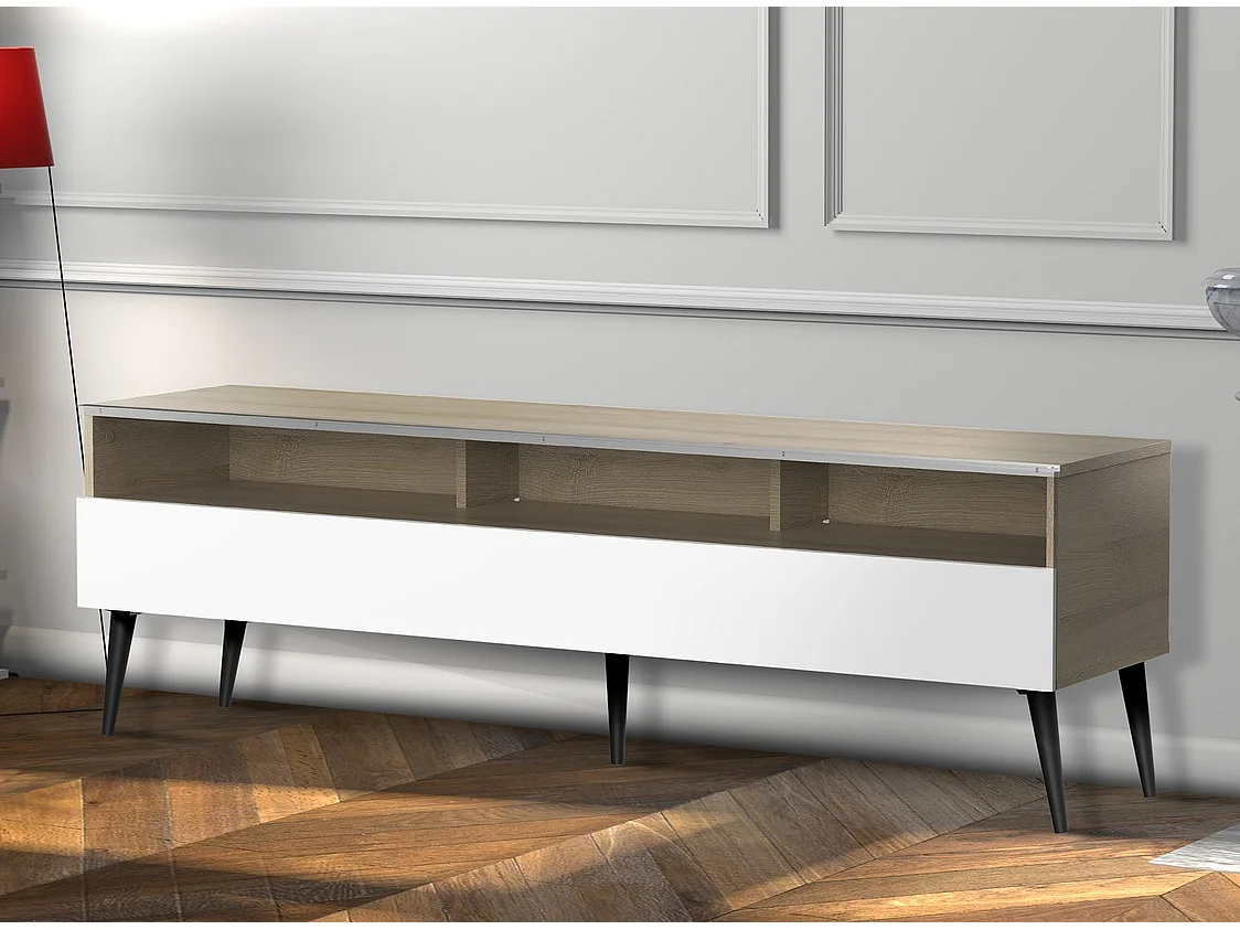 Meuble TV 1 porte 3 niche bois clair et blanc Solna 160cm