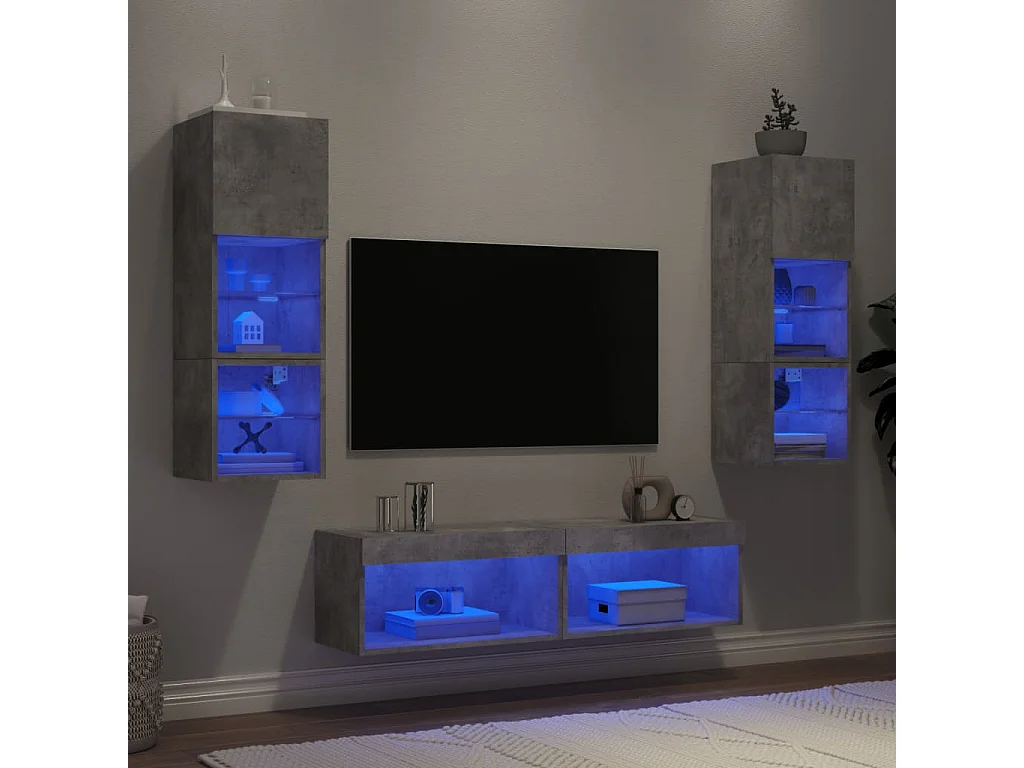 Unité murale TV avec LED 6 pc gris béton bois d'ingénierie