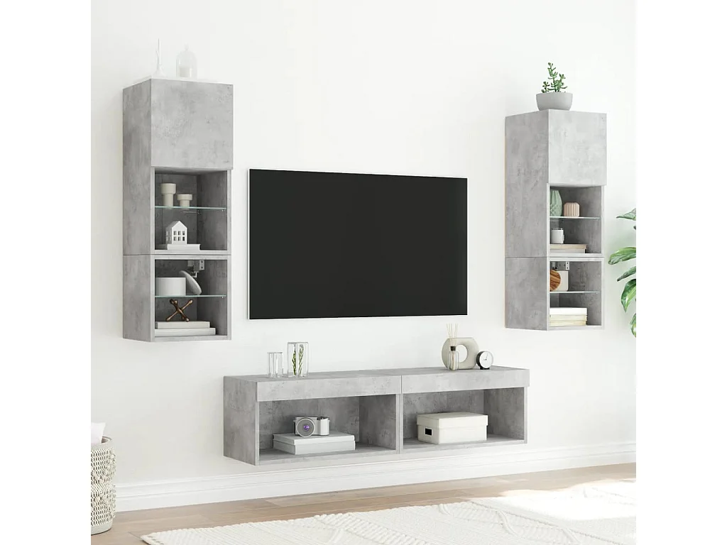 Unité murale TV avec LED 6 pc gris béton bois d'ingénierie