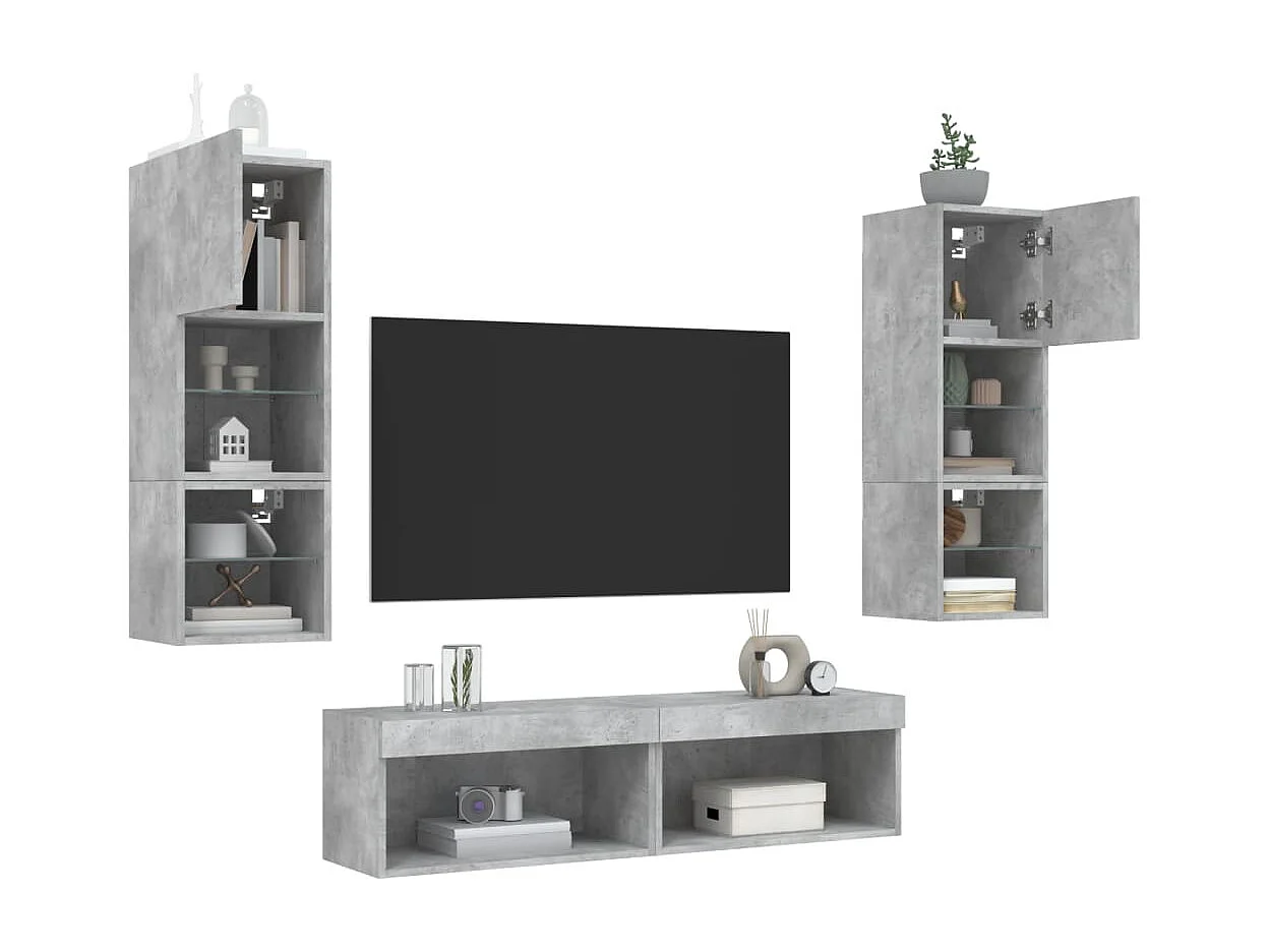 Unité murale TV avec LED 6 pc gris béton bois d'ingénierie