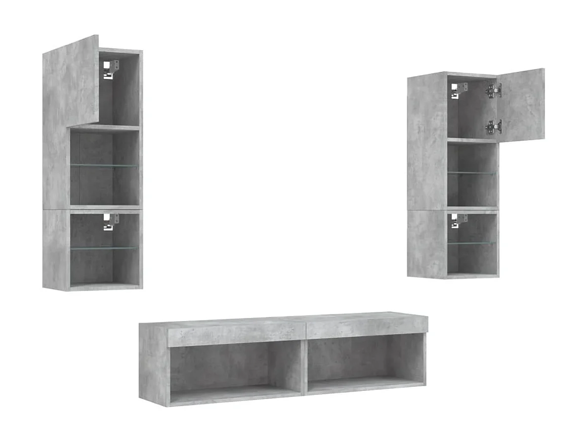 Unité murale TV avec LED 6 pc gris béton bois d'ingénierie