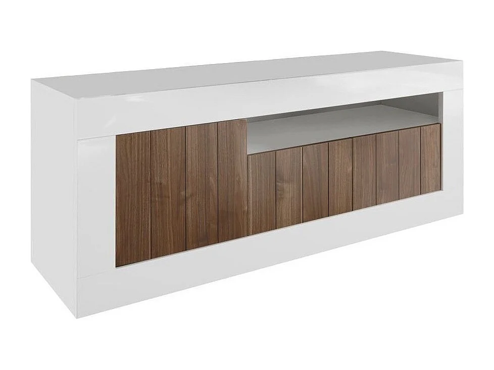 Meuble TV 3 porte laqué blanc brillant et noyer Pilari L 138cm