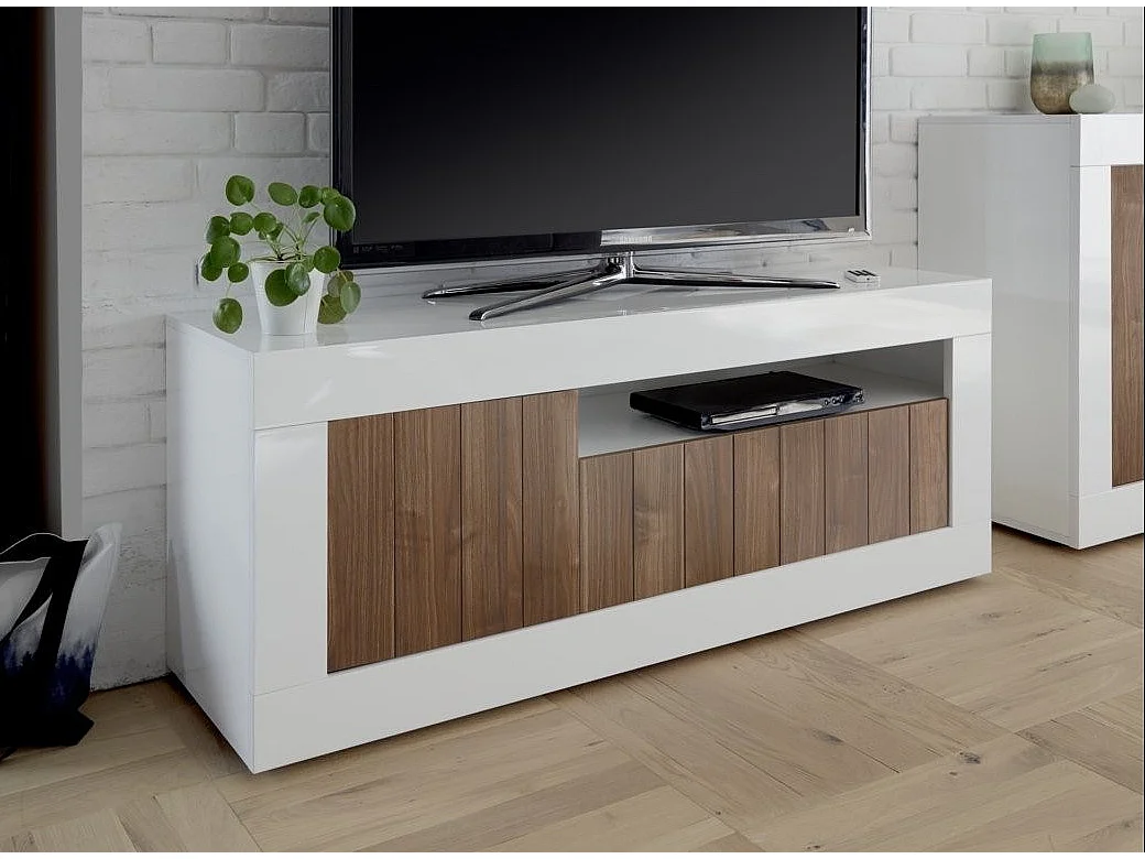 Meuble TV 3 porte laqué blanc brillant et noyer Pilari L 138cm
