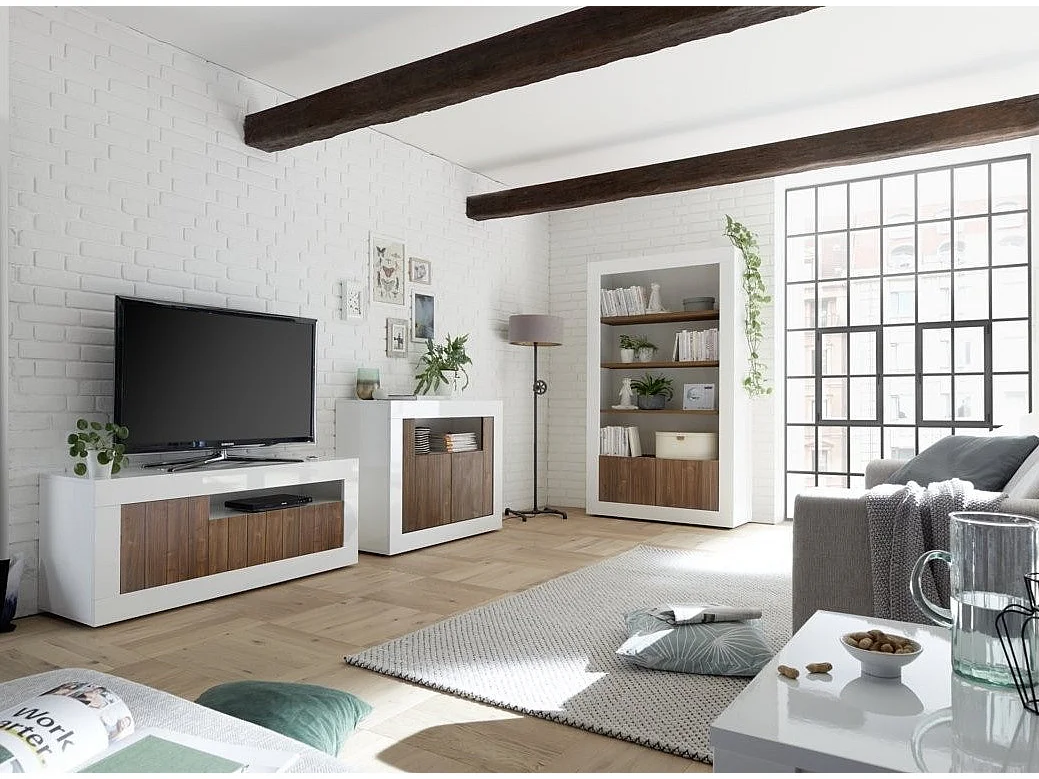 Meuble TV 3 porte laqué blanc brillant et noyer Pilari L 138cm