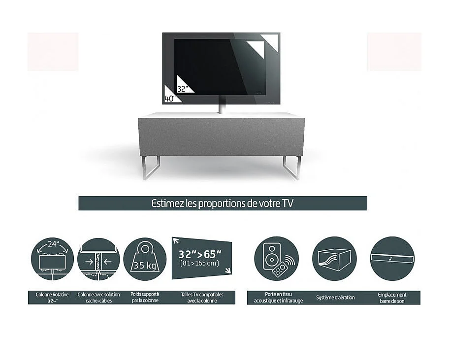 Meuble TV avec support écran tissu acoustique et bois foncé Kazan 120cm