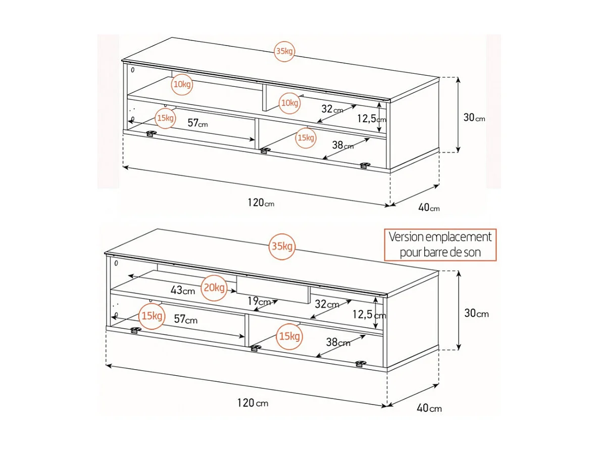 Meuble TV avec support écran tissu acoustique et bois foncé Kazan 120cm