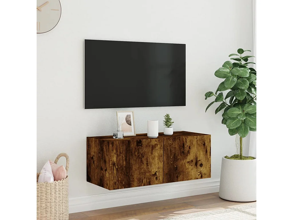 Meuble TV mural avec lumière LED chêne fumé 80x35x31