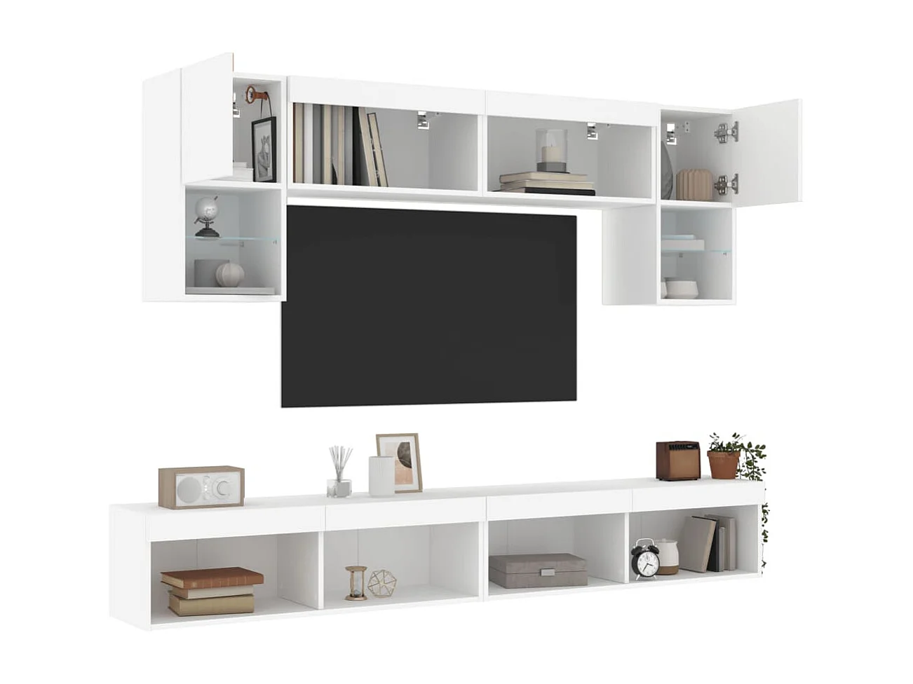 Unité murale TV avec LED 6 pc blanc bois d'ingénierie