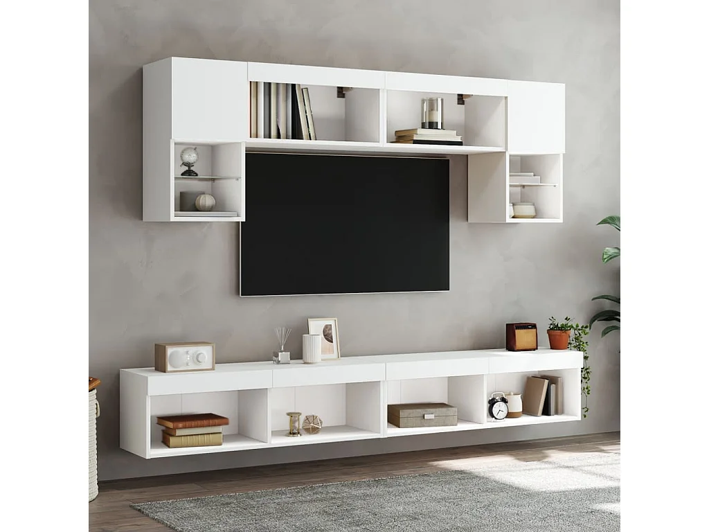Unité murale TV avec LED 6 pc blanc bois d'ingénierie