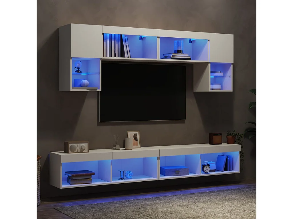 Unité murale TV avec LED 6 pc blanc bois d'ingénierie