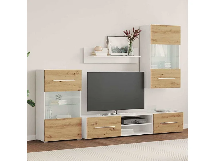 Meuble TV et lumière LED 5 pc chêne artisanal bois ingénierie