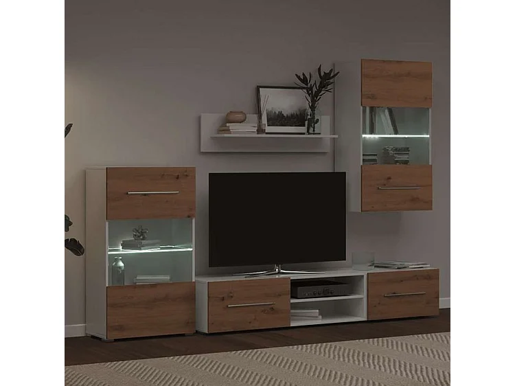 Meuble TV et lumière LED 5 pc chêne artisanal bois ingénierie
