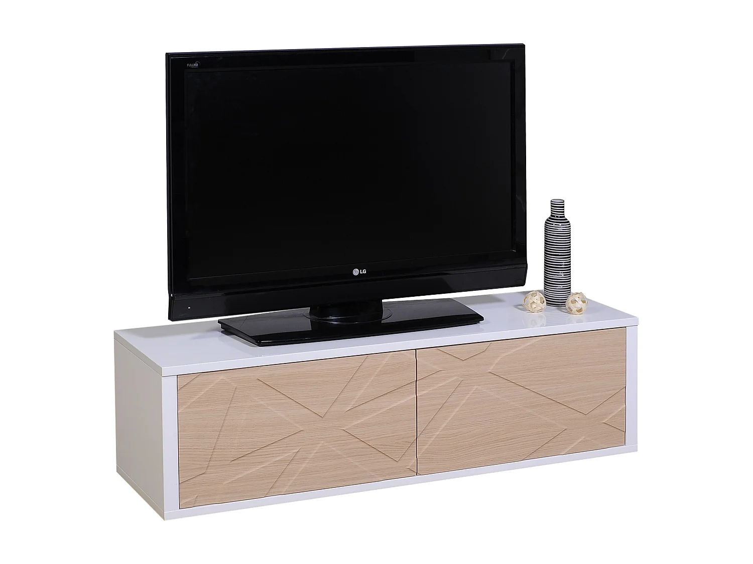 Meuble TV 2 porte bois clair et blanc brillant Gracia