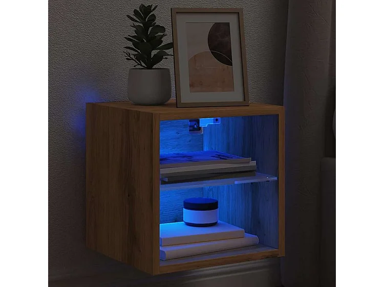 Meuble TV mural avec lumière LED chêne artisanal 30x28,5x30