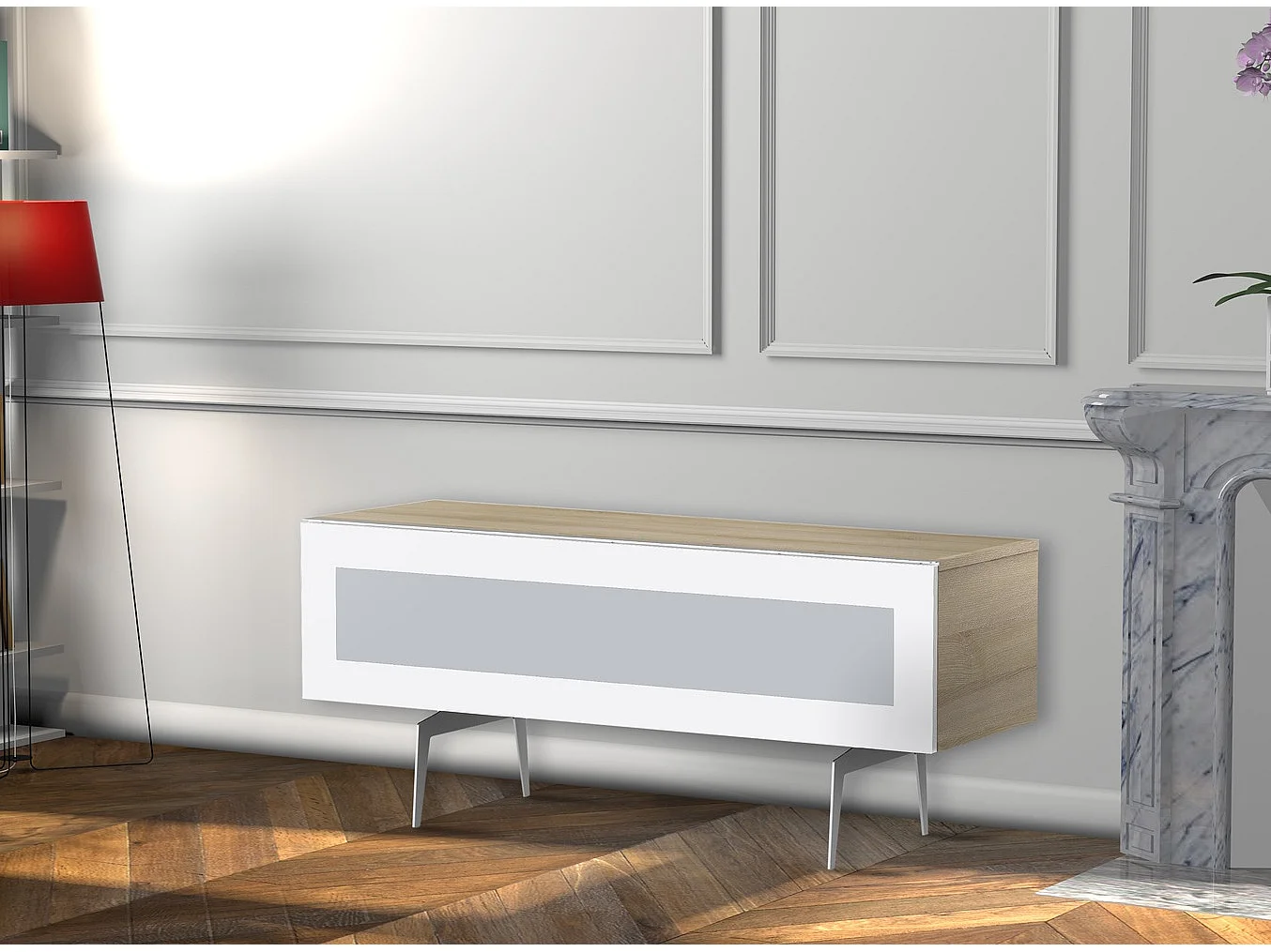 Meuble TV verre infrarouge et bois clair pied métal Brisbane 120cm