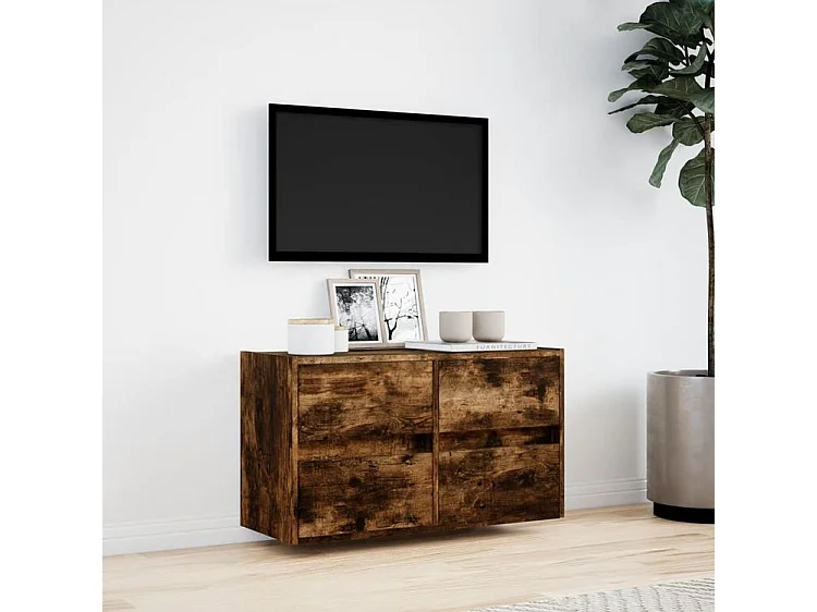 Meuble TV mural avec lumière LED chêne fumé 80x31x45