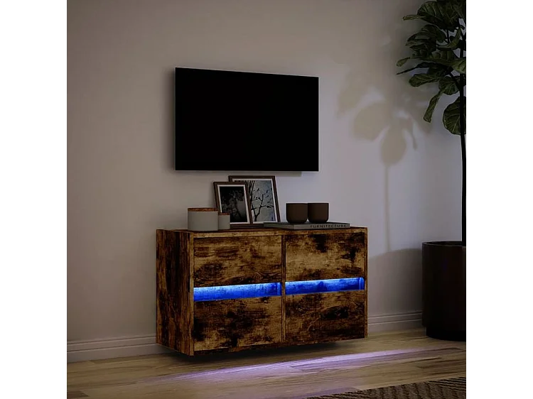 Meuble TV mural avec lumière LED chêne fumé 80x31x45