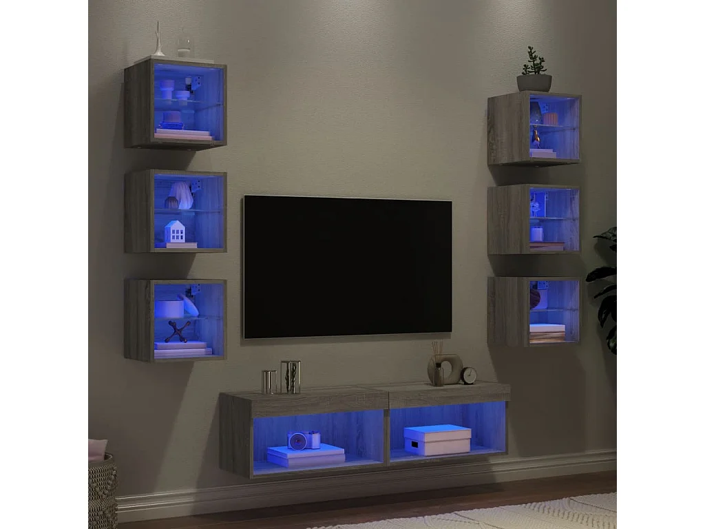 Unité murale TV avec LED 8 pc gris sonoma bois d'ingénierie