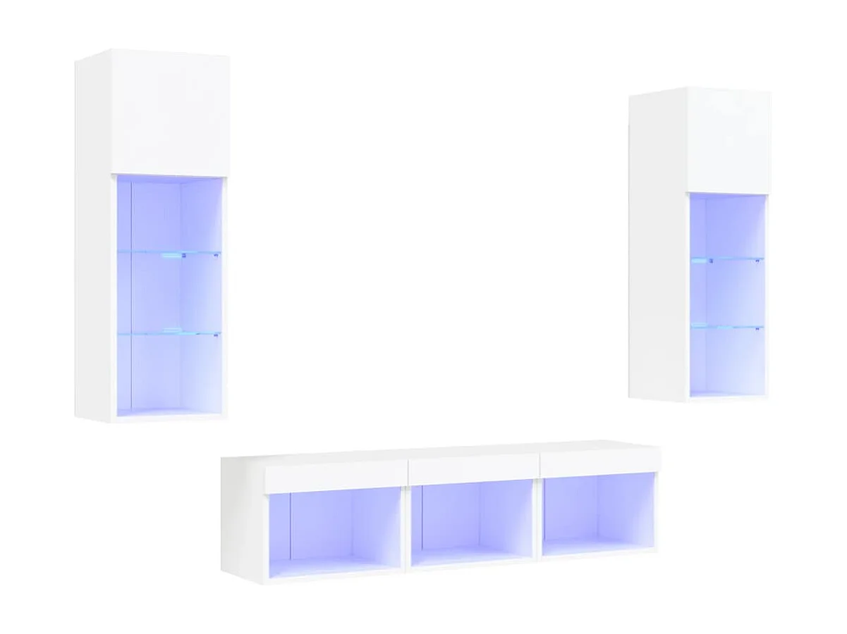 Unité murale TV avec LED 5 pc blanc bois d'ingénierie