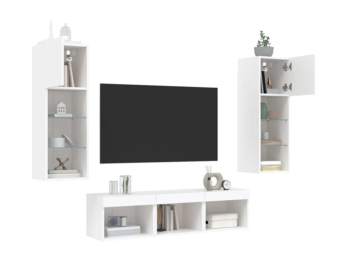 Unité murale TV avec LED 5 pc blanc bois d'ingénierie