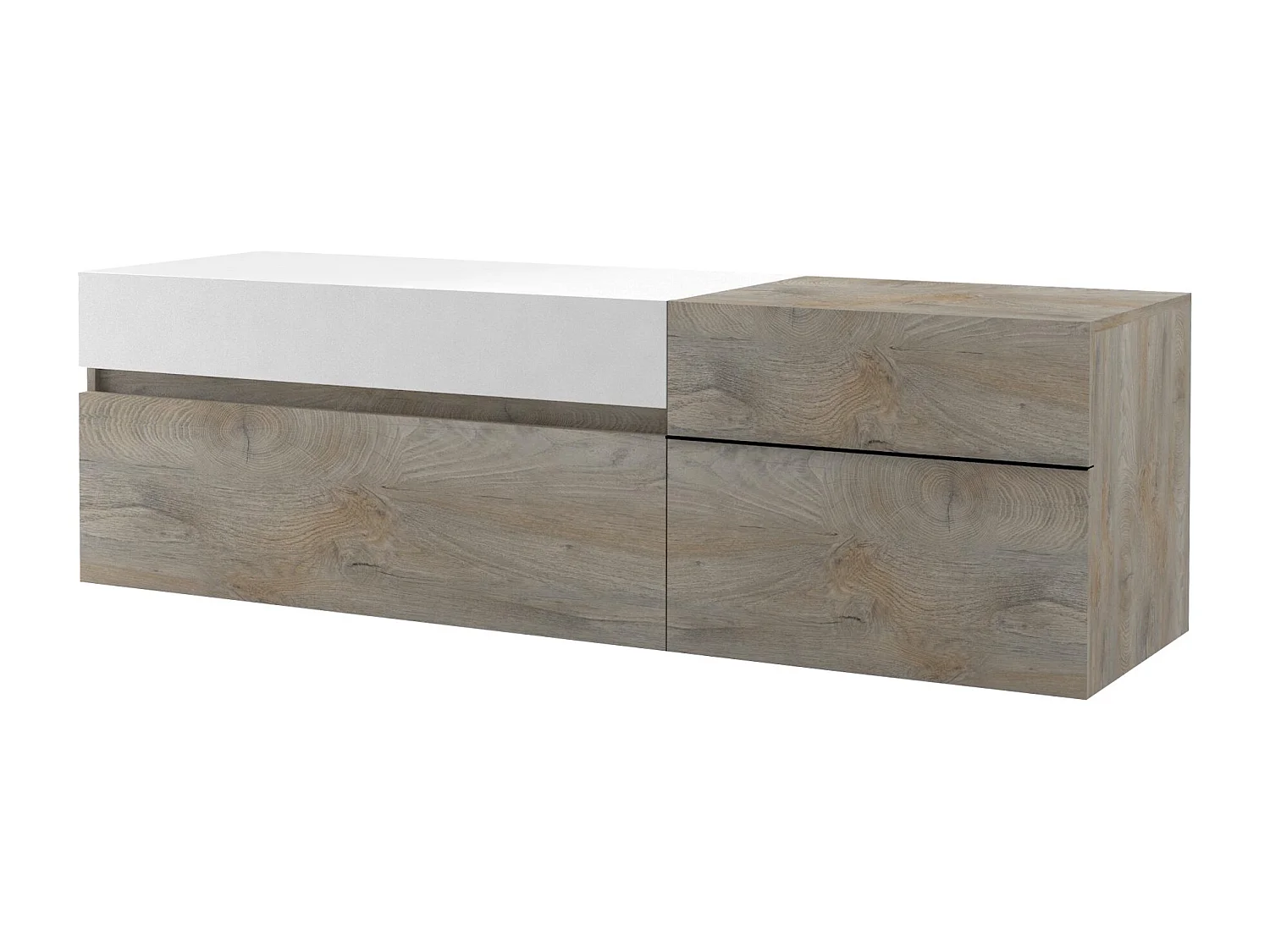 Meuble TV 2 porte 1 tiroir laqué blanc mat et bois chêne clair Baite