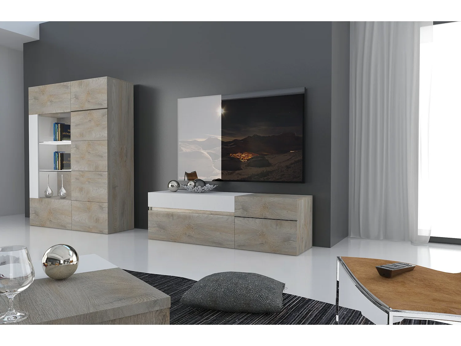 Meuble TV 2 porte 1 tiroir laqué blanc mat et bois chêne clair Baite