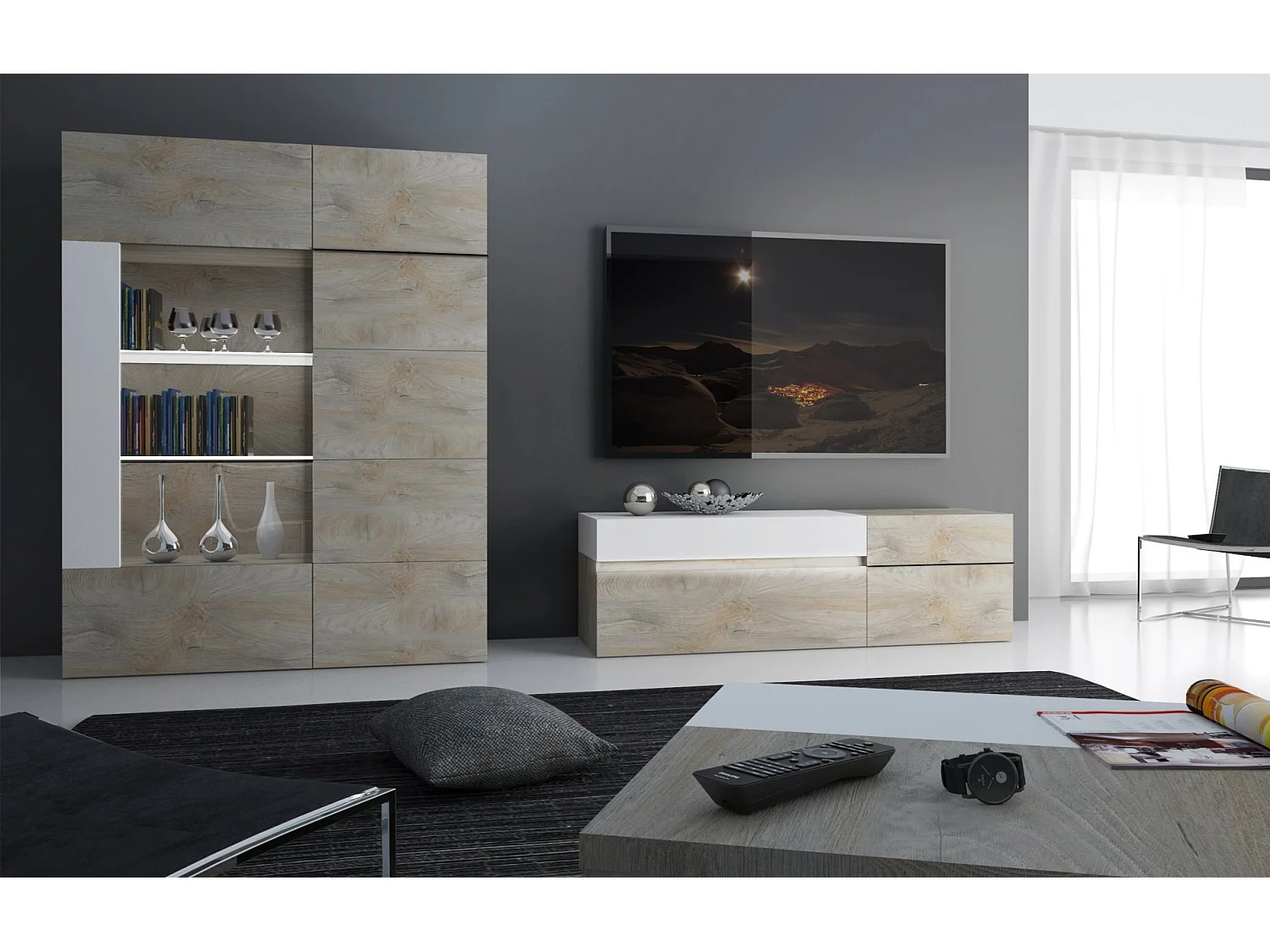 Meuble TV 2 porte 1 tiroir laqué blanc mat et bois chêne clair Baite