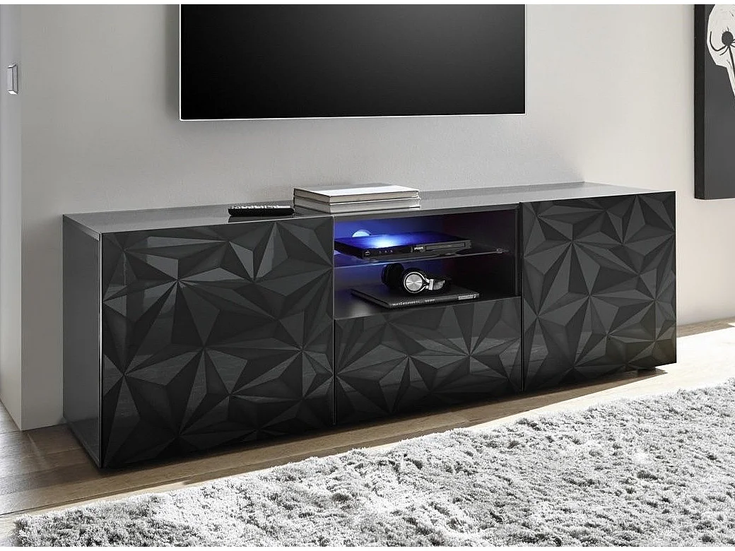 LED TV-meubel met 2 deuren in glanzend antraciet gelakt hout Pagar L 180 cm