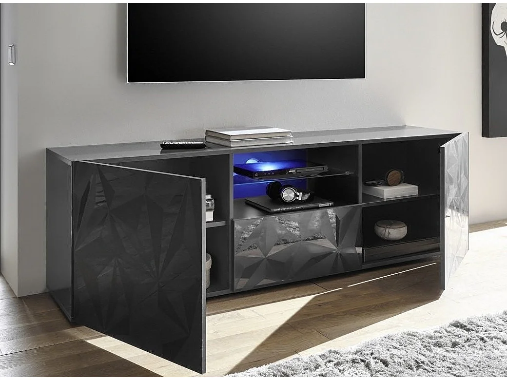 LED TV-meubel met 2 deuren in glanzend antraciet gelakt hout Pagar L 180 cm