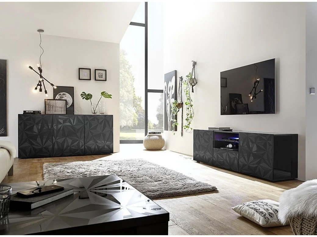 LED TV-meubel met 2 deuren in glanzend antraciet gelakt hout Pagar L 180 cm
