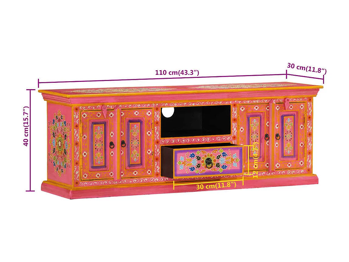 Meuble TV rose 110x30x40 bois massif de manguier