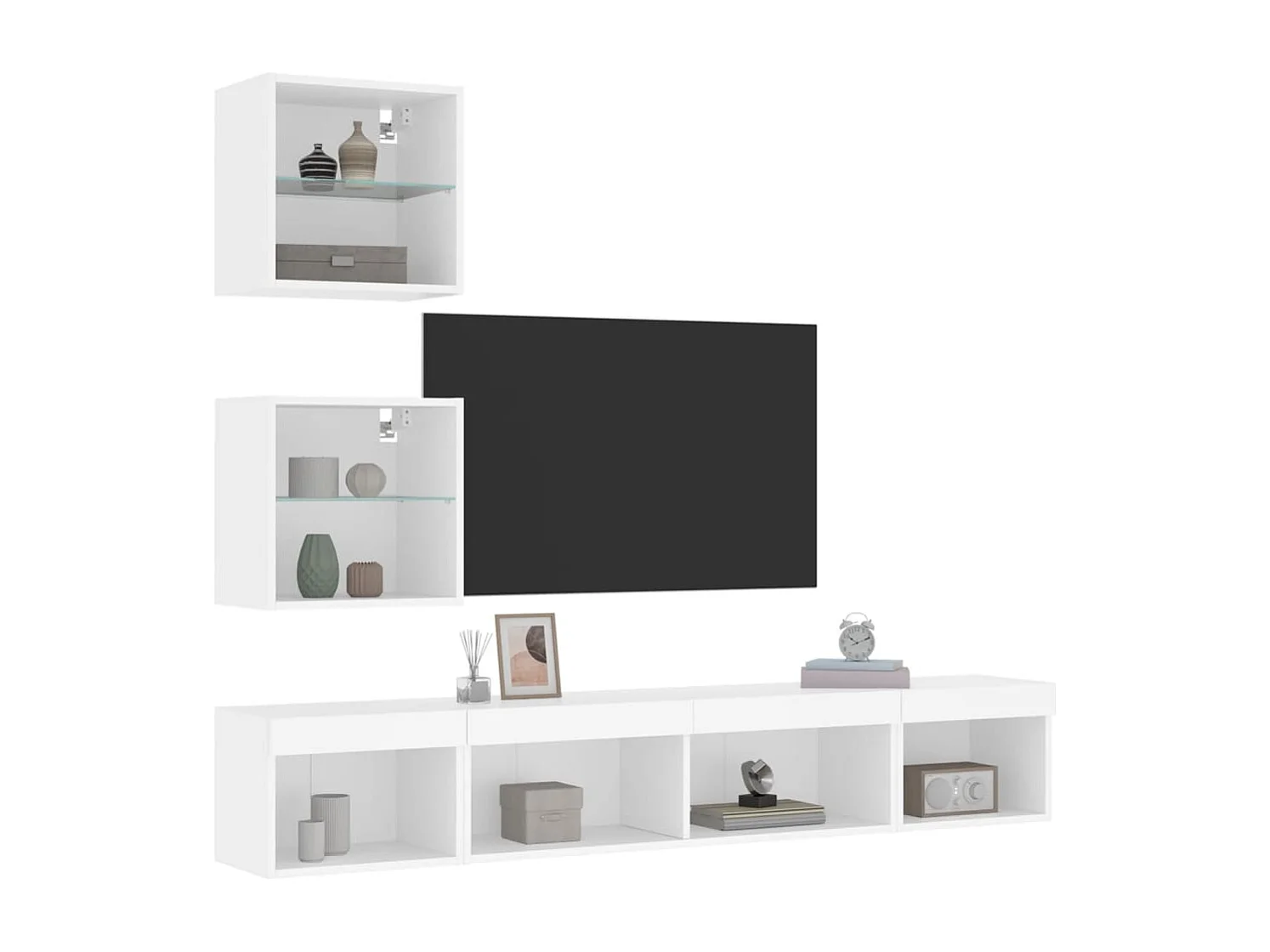 Unité murale TV avec LED 5 pc blanc bois d'ingénierie