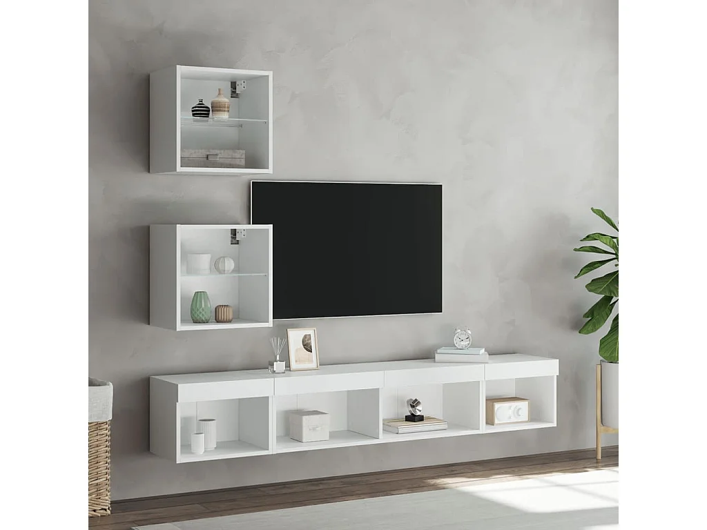 Unité murale TV avec LED 5 pc blanc bois d'ingénierie