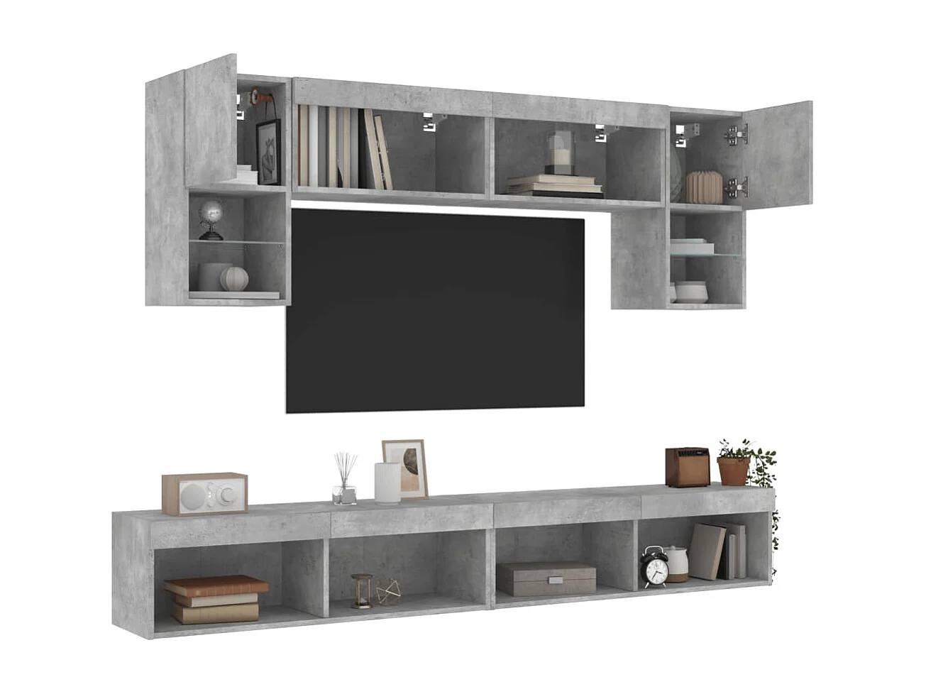 Unité murale TV avec LED 6 pc gris béton bois d'ingénierie