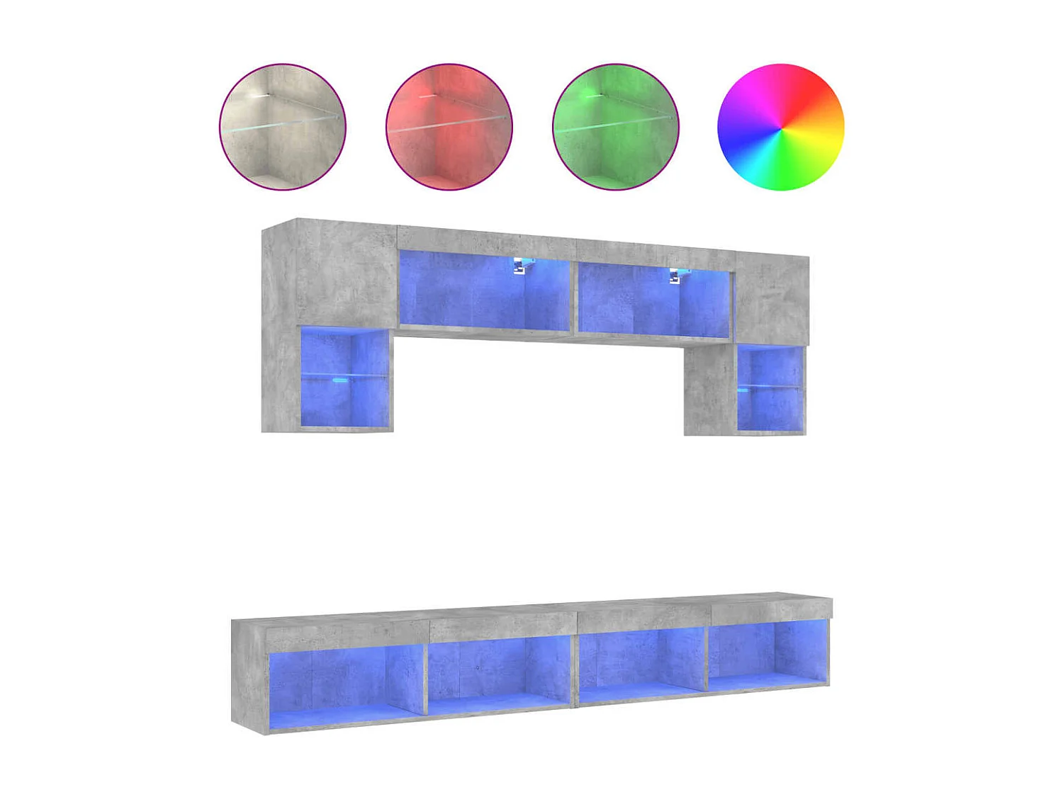 Unité murale TV avec LED 6 pc gris béton bois d'ingénierie