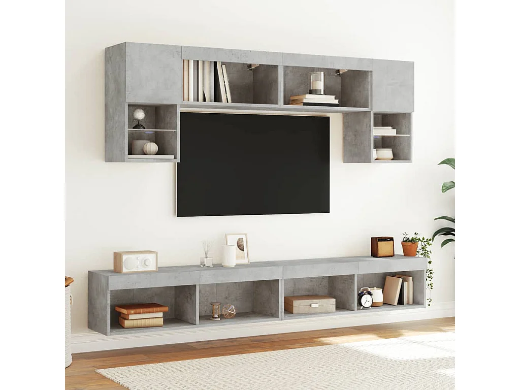 Unité murale TV avec LED 6 pc gris béton bois d'ingénierie