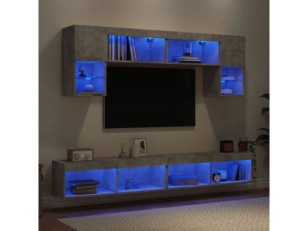 Unité murale TV avec LED 6 pc gris béton bois d'ingénierie