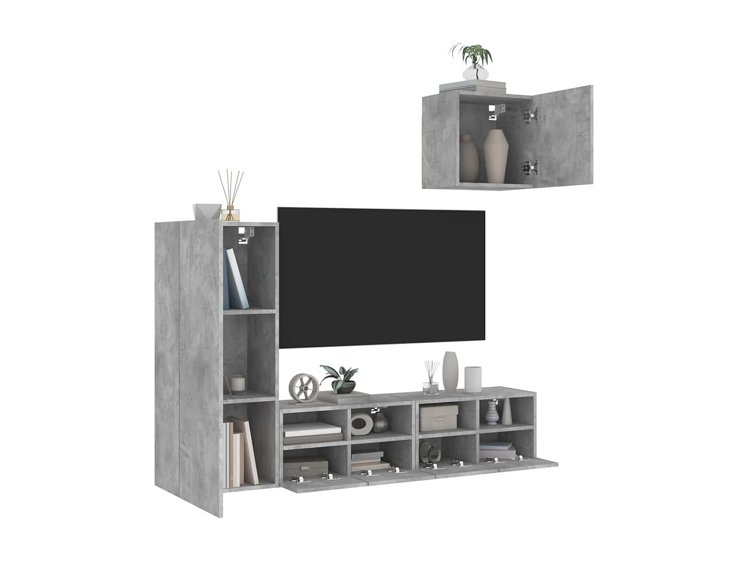 Unité murale TV 4 pc gris béton bois d'ingénierie