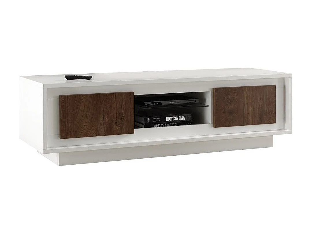 Meuble TV 2 porte laqué blanc et noyer foncé Mafer L 156cm