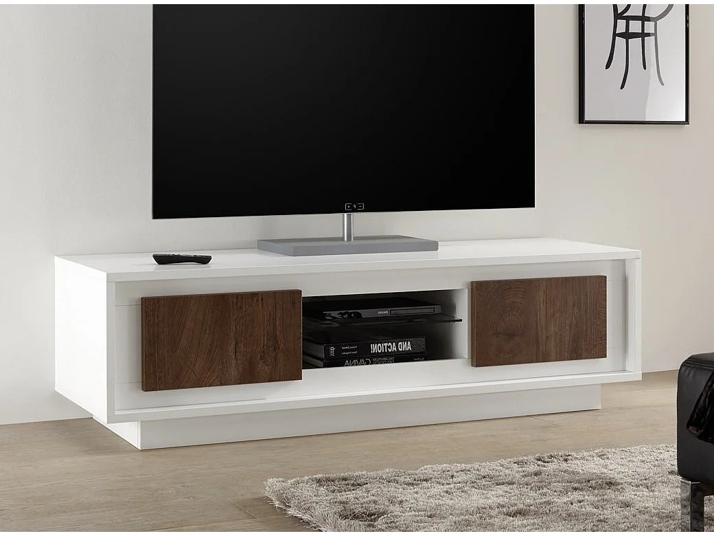 Meuble TV 2 porte laqué blanc et noyer foncé Mafer L 156cm