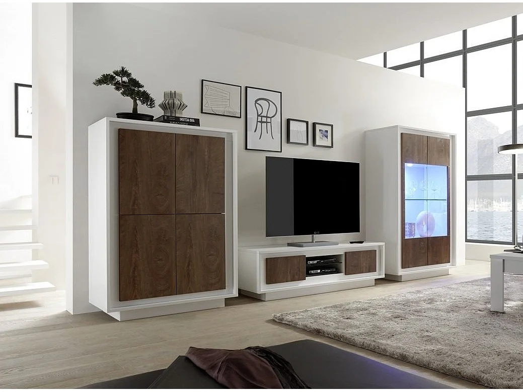 Meuble TV 2 porte laqué blanc et noyer foncé Mafer L 156cm