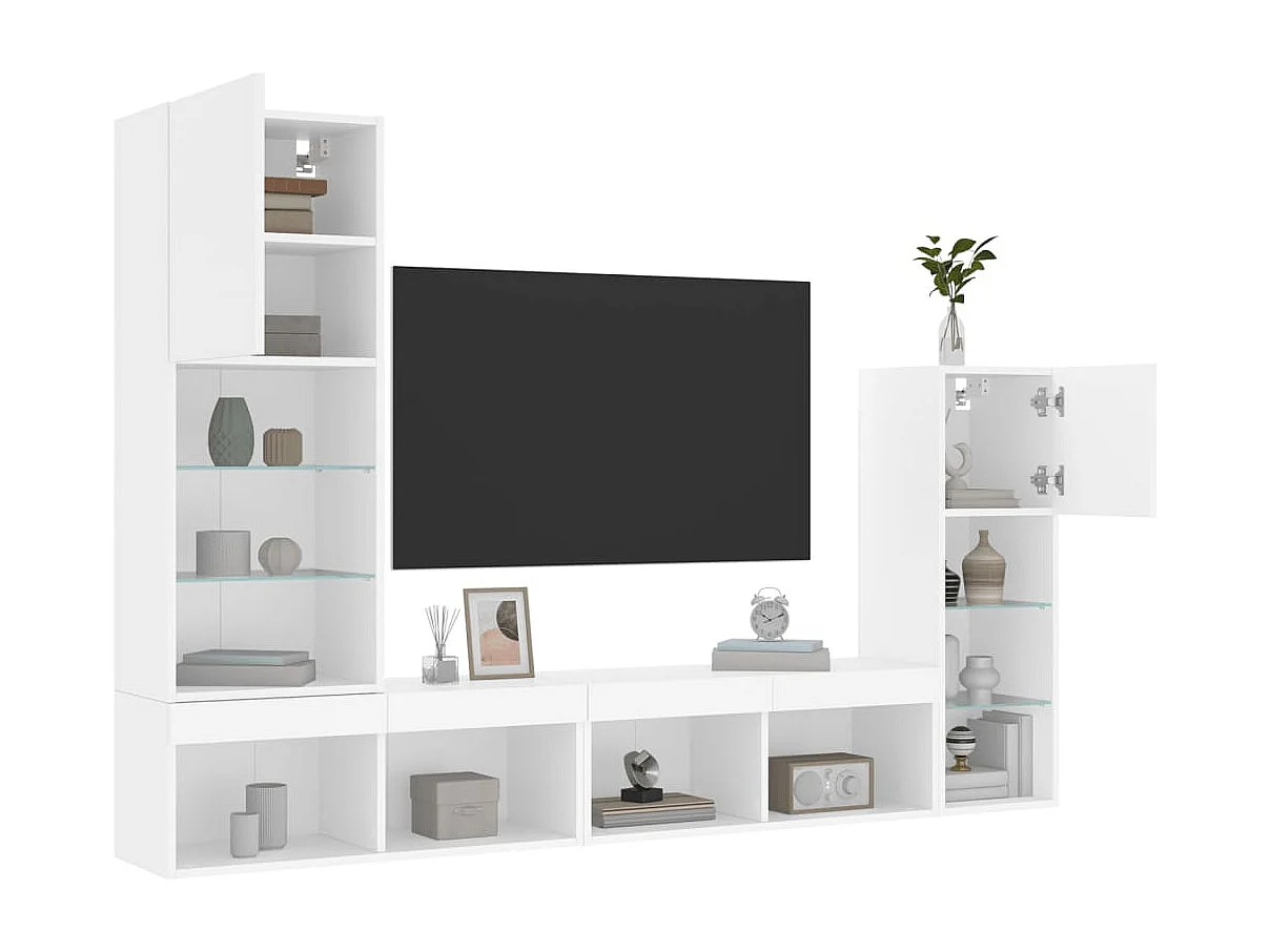 Unité murale TV avec LED 4 pc blanc bois d'ingénierie