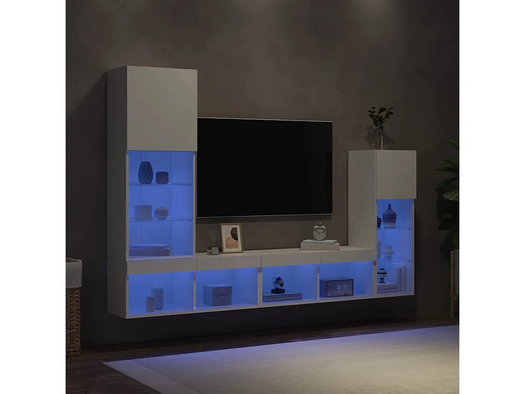 Unité murale TV avec LED 4 pc blanc bois d'ingénierie
