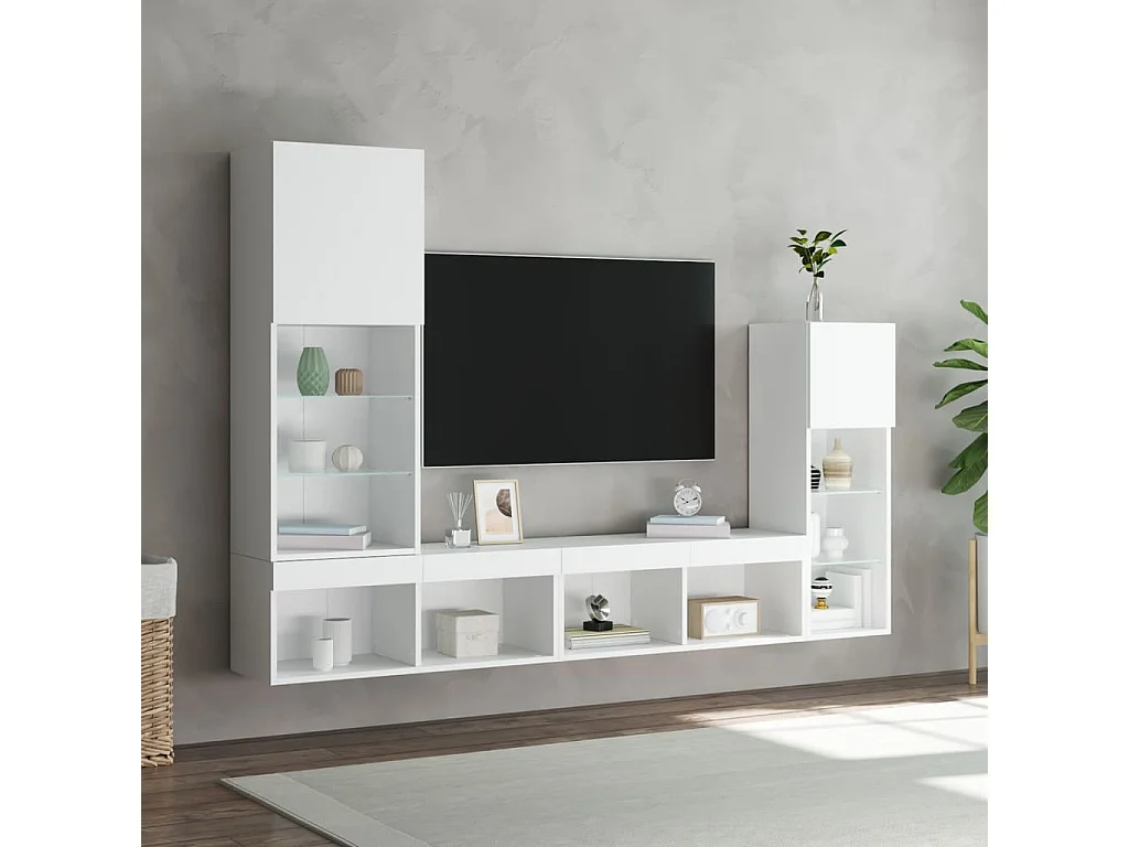 Unité murale TV avec LED 4 pc blanc bois d'ingénierie