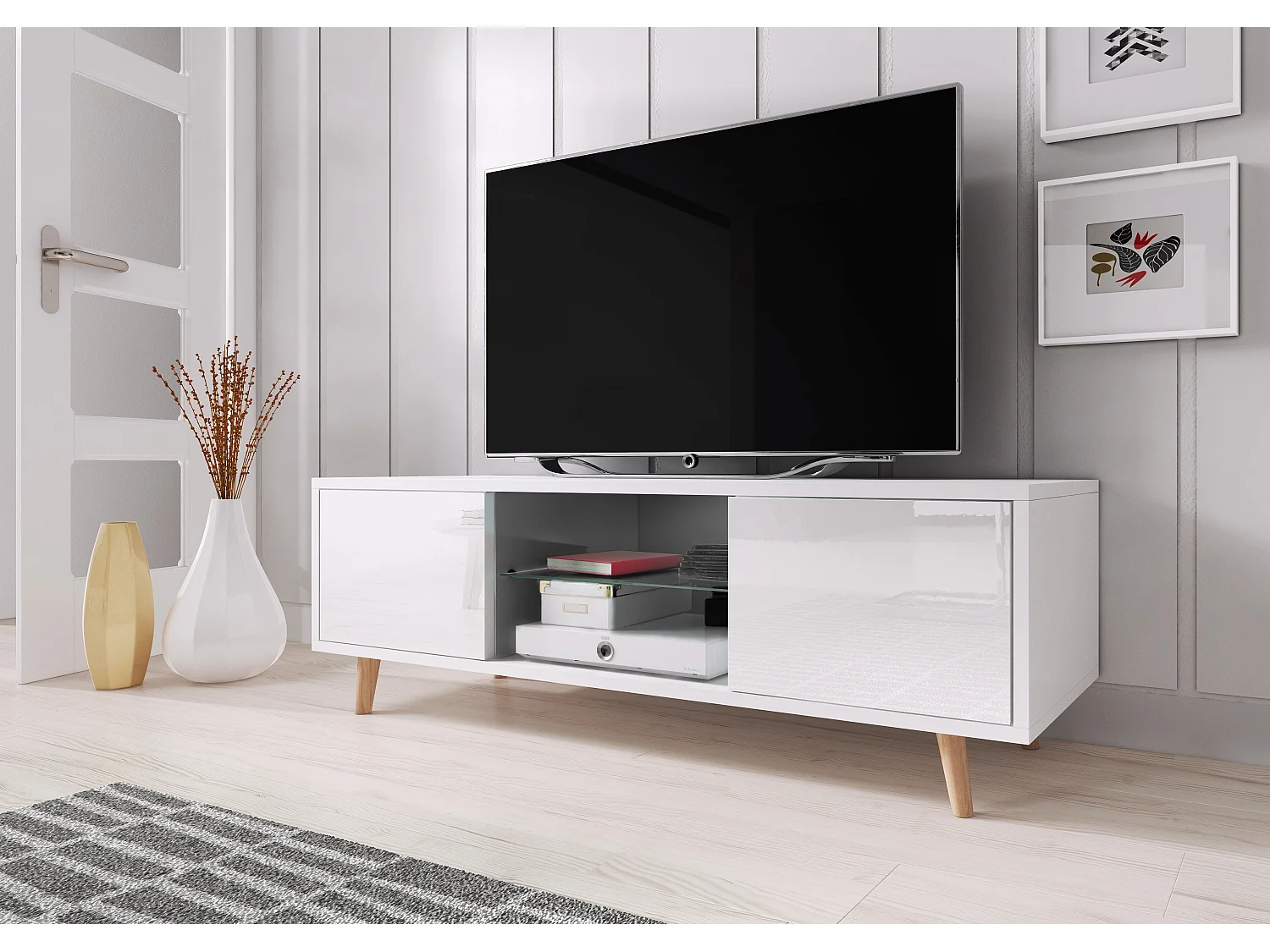 Meuble TV 2 porte blanc mat et blanc laqué Kuzani 140cm