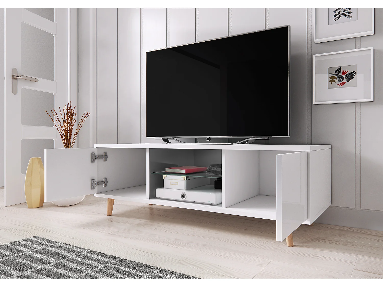 Meuble TV 2 porte blanc mat et blanc laqué Kuzani 140cm