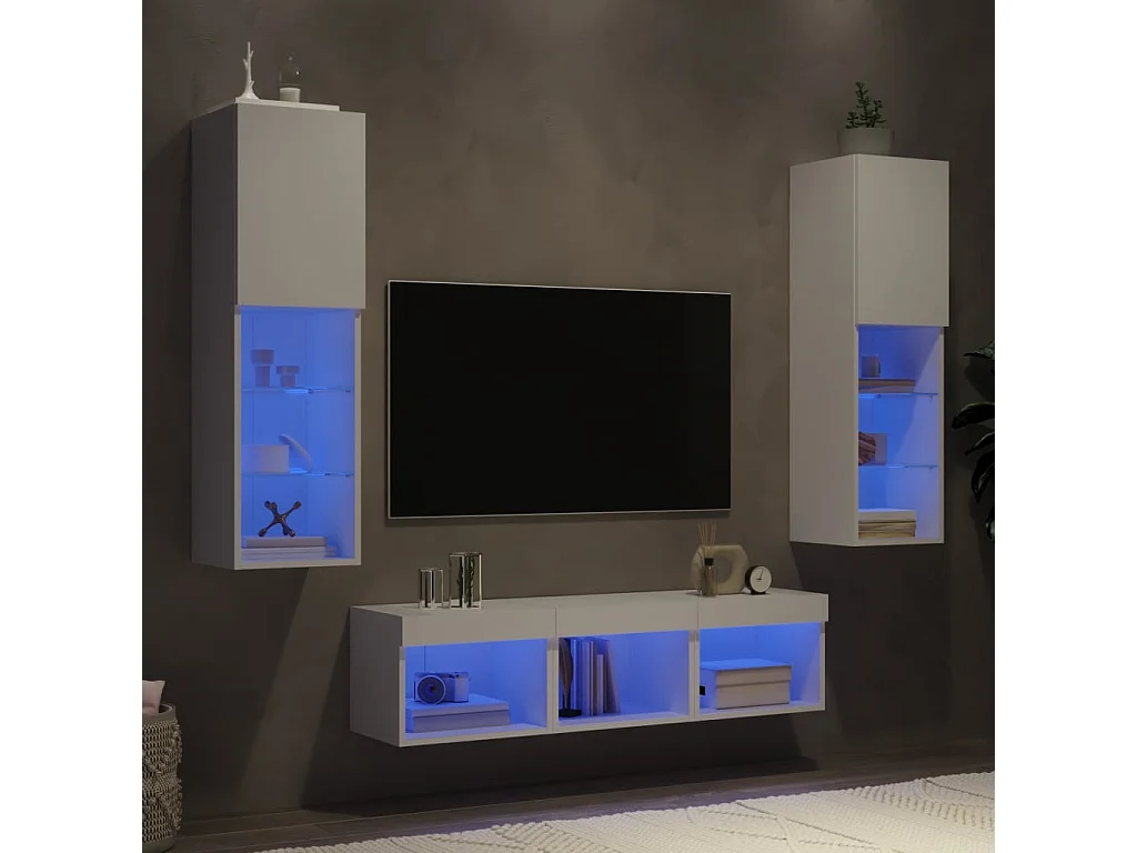 Unité murale TV avec LED 5 pc blanc bois d'ingénierie